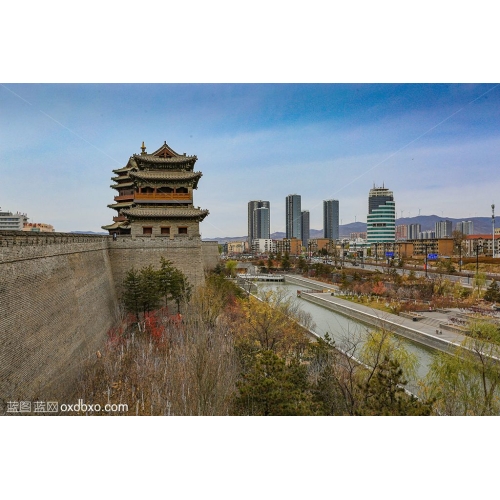 山西大同古城古建筑和现代化城市合并摄影大同市图片素材