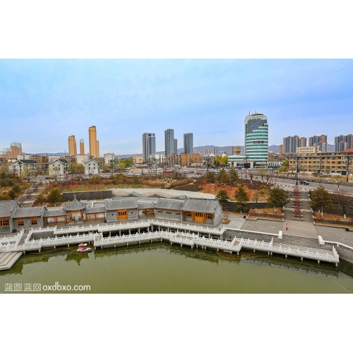 山西大同市城市风貌风景护城河古建筑现代建筑城市复古摄影图片素材