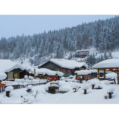 商用摄影素材中国雪乡白雪冰峰雪山茅草屋商业图片红灯笼