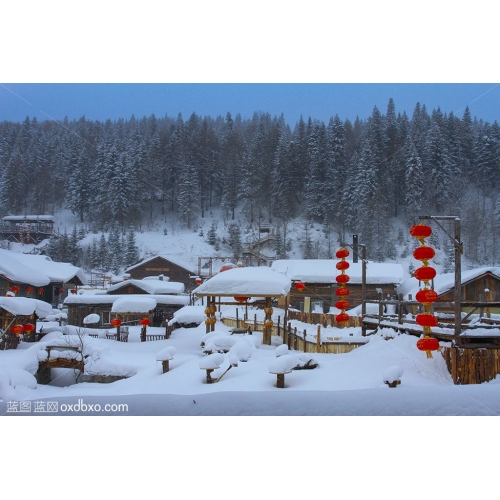 雪乡 远景 木屋 厚厚的积雪 北国风光 雪景 大红灯笼串 摄影 图片