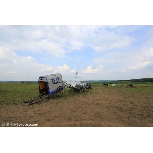 内蒙古 呼伦贝尔 蒙古包 牛车 马车 蓝天空 白云 远山 大草原 风情 风光 风景 商业摄影 商用素材