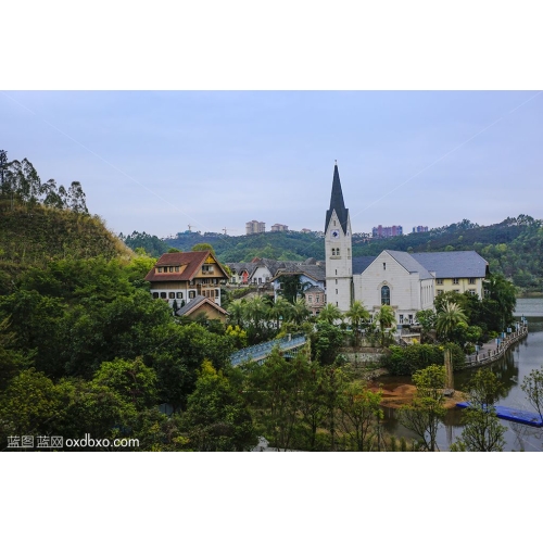 深圳横岗公园 欧式建筑 洋房 远山 蓝天湖水 风情 风光 风景 商业摄影 商用素材